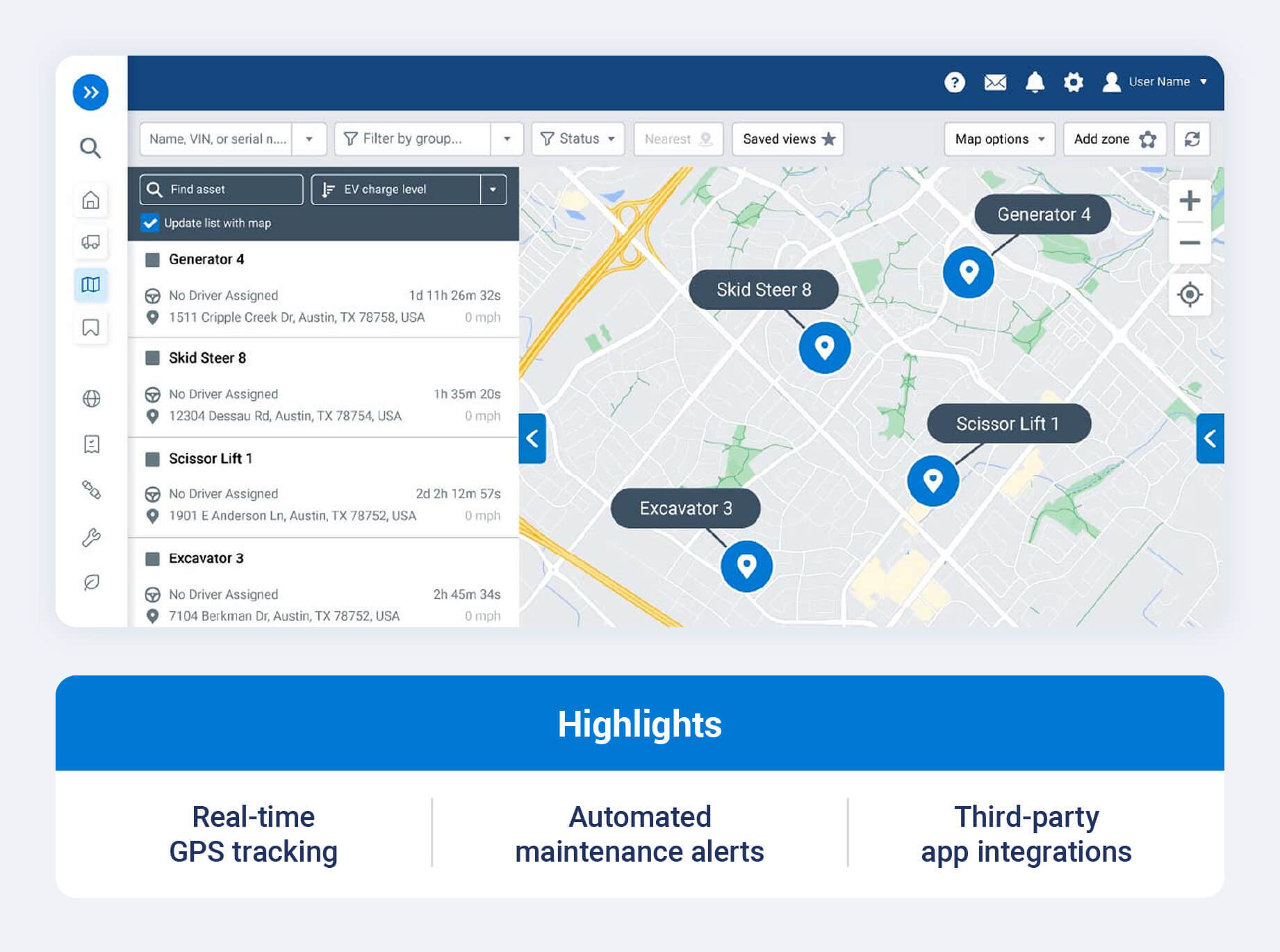 Geotab construction fleet management platform highlighting real-time GPS tracking, automated maintenance alerts and third-party app integrations.